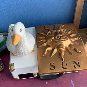 Glass Goose Statue and Metal Sun Tablet/Brick